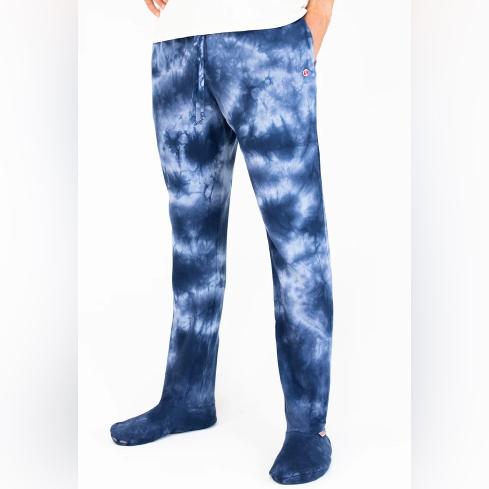 Feejays Footed Sweatpants Pajama Pants Unisex Adult Large Navy Tie Dye Comfy EUC